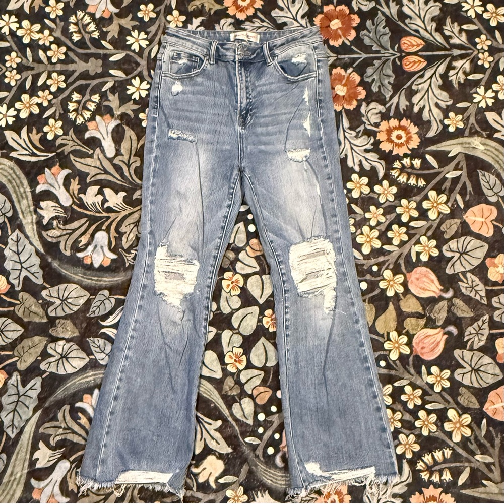 Flared Distressed Blue Jeans - Women's Wide Leg